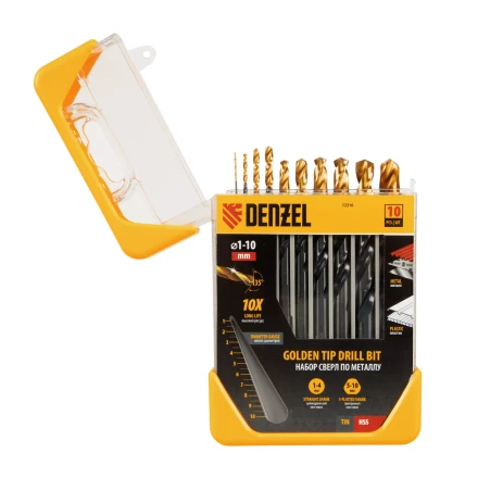 Набор сверл по металлу, 1-10 мм, HSS-Tin, Golden Tip, 10 шт Denzel 72316 купить в Нижневартовске