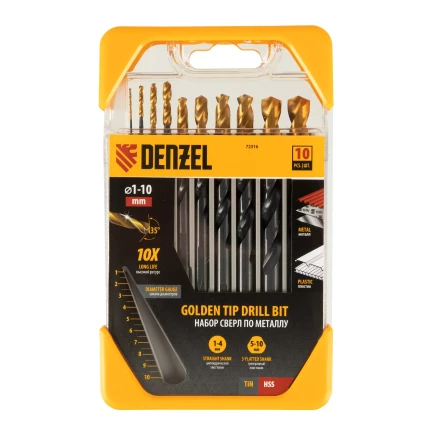 Набор сверл по металлу, 1-10 мм, HSS-Tin, Golden Tip, 10 шт Denzel 72316 купить в Нижневартовске