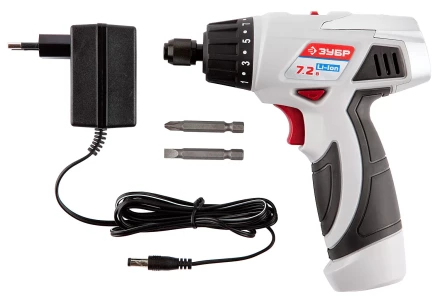 Шуруповерт ЗУБР 2-х скор,Li-Ion,реверс,15+1,зарядка 3-5ч,10мм,0-160 и 0-320об/мин,1,5А/ч,7,2В,набор бит,в блистере ЗДА-7.2-Ли Б купить в Нижневартовске