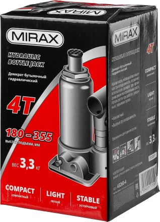 Домкрат гидравлический бутылочный, 4т, 180-355 мм, MIRAX 43260-4 43260-4 купить в Нижневартовске