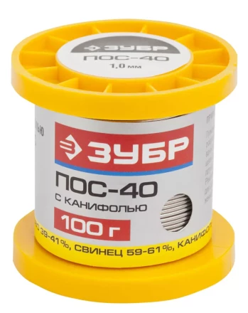 Припой ЗУБР, ПОС 40, трубка с канифолью, 100г, 1мм 55451-100-10C купить в Нижневартовске