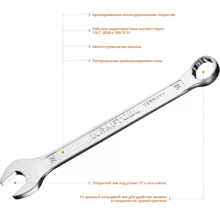 Ключи комбинированные KRAFTOOL, Cr-V, DIN 3113 27079-24 купить в Нижневартовске