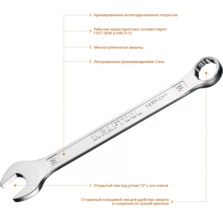 Ключи комбинированные KRAFTOOL, Cr-V, DIN 3113 27079-24 купить в Нижневартовске