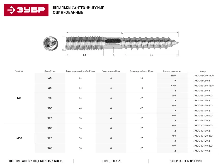 ЗУБР "МАСТЕР". Шпилька сантехническая, шестигранник, Torx 25, оцинкованная, М10x100мм, 600шт 37870-10-100-600 купить в Нижневартовске
