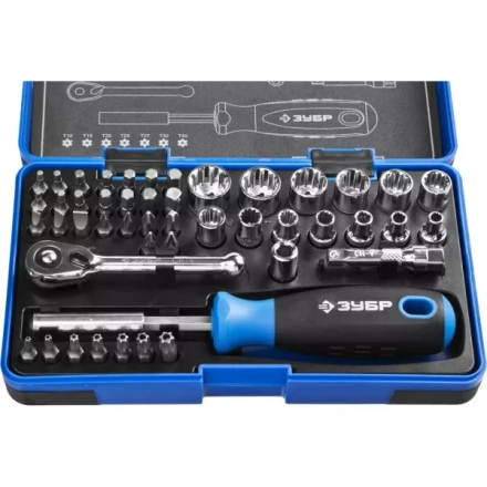 Набор ЗУБР "ПРОФИ": Отвертка с двухкомп рукояткой, насадки и мини трещетка, 47 предм, пластиковый бокс 25283-H47 купить в Нижневартовске