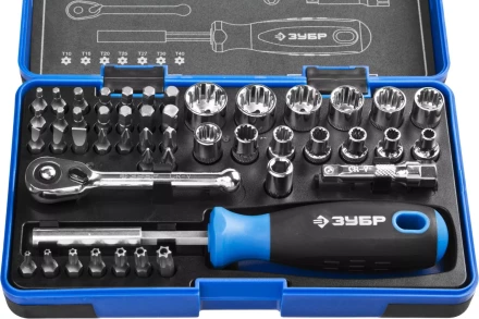 Набор ЗУБР "ПРОФИ": Отвертка с двухкомп рукояткой, насадки и мини трещетка, 47 предм, пластиковый бокс 25283-H47 купить в Нижневартовске