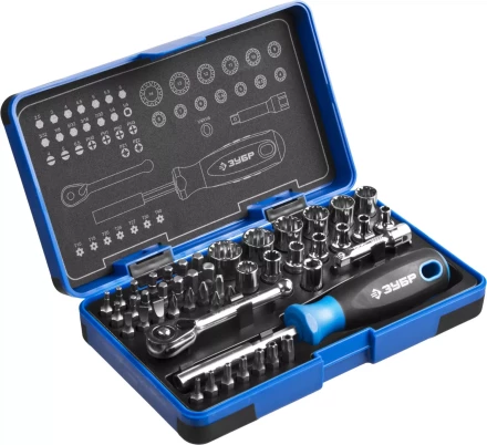 Набор ЗУБР "ПРОФИ": Отвертка с двухкомп рукояткой, насадки и мини трещетка, 47 предм, пластиковый бокс 25283-H47 купить в Нижневартовске