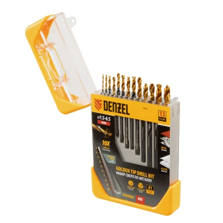 Набор сверл по металлу, 1,5-6,5 мм, HSS-Tin, Golden Tip, 13 шт Denzel 72318 купить в Нижневартовске