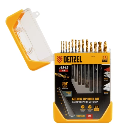Набор сверл по металлу, 1,5-6,5 мм, HSS-Tin, Golden Tip, 13 шт Denzel 72318 купить в Нижневартовске