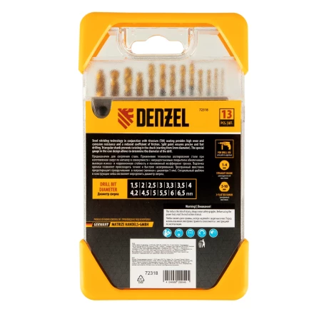 Набор сверл по металлу, 1,5-6,5 мм, HSS-Tin, Golden Tip, 13 шт Denzel 72318 купить в Нижневартовске
