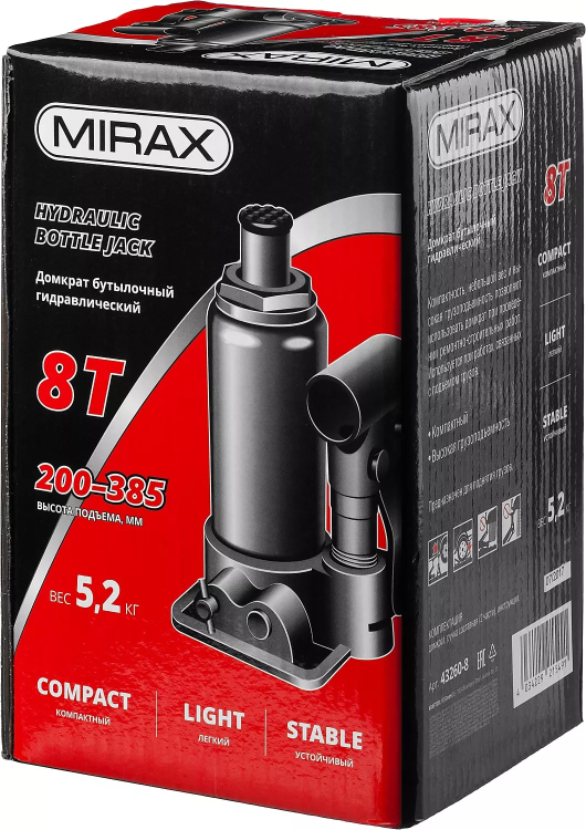 Домкрат гидравлический бутылочный, 8т, 200-385 мм, MIRAX 43260-8 43260-8 купить в Нижневартовске