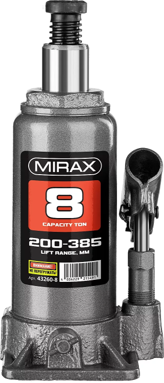 Домкрат гидравлический бутылочный, 8т, 200-385 мм, MIRAX 43260-8 43260-8 купить в Нижневартовске