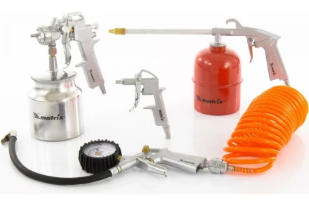 Набор пневмоинструмента 5 предметов быстросъемное соединение, краскораспылитель с нижним бачком MATRIX 57302 купить в Нижневартовске