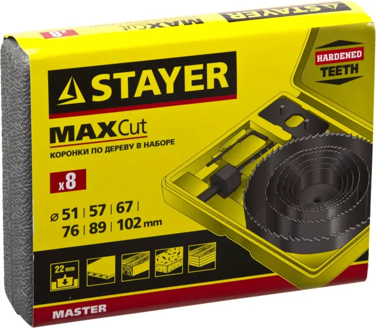 Набор кольцевых коронок по дереву STAYER "MASTER" Д51, 57, 67, 76, 88, 102мм. 8шт. 29600-H8 купить в Нижневартовске