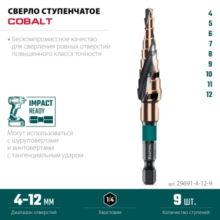Ступенчатое сверло, сталь c кобальтом, спиральная проточка, НЕХ хвостовик 29691-4-12-9 купить в Нижневартовске