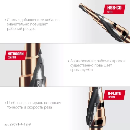 Ступенчатое сверло, сталь c кобальтом, спиральная проточка, НЕХ хвостовик 29691-4-12-9 купить в Нижневартовске