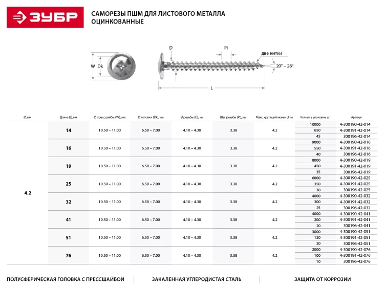 Саморезы ЗУБР с прессшайбой по листовому металлу до 0,9 мм, PH2, 4,2х51 мм, 20шт 300196-42-051 купить в Нижневартовске