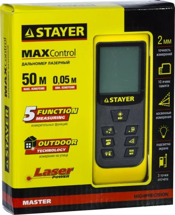 Дальномер STAYER "MASTER" MAX-Control лазерный, 2 точки отсчета, дальность 50м, точность 2мм 34957 купить в Нижневартовске