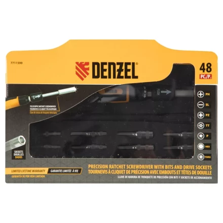 Отвертка с набором бит и торцевых головок для точных работ Denzel 7711599, гибкий привод, 48 шт, CrMo купить в Нижневартовске