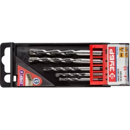 Набор ЗУБР Свёрла "СУПЕР-6" по бетону, ударные, с шестигранным хвостовиком, 4; 5; 6; 8; 10мм, 5шт 2916-H5 купить в Нижневартовске