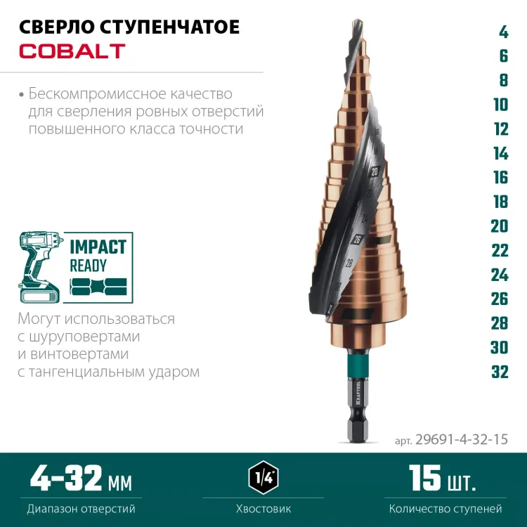 Ступенчатые сверла, сталь c кобальтом, спиральная проточка, НЕХ хвостовик 29691-4-32-15 купить в Нижневартовске