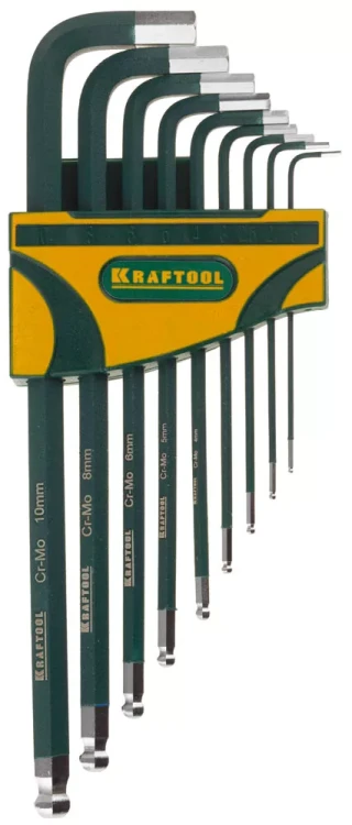 Набор ключей имбусовых KRAFTOOL "INDUSTRIE" длинные,шарик,Cr-Mo сталь(S2),хром покрыт с противоск напыл,HEX1,5-10мм,9шт 27445-H9 купить в Нижневартовске