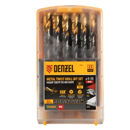 Набор сверл по металлу, 1-13 мм, HSS-Tin, Golden Tip, 25 шт Denzel 72323 купить в Нижневартовске
