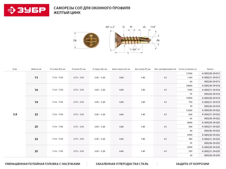 Саморезы ЗУБР "МАСТЕР" со сверлом для оконного профиля, жёлтопассивированные, 3.9x19мм, 750шт 4-300231-39-019 купить в Нижневартовске