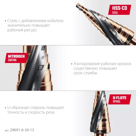 Ступенчатые сверла, сталь c кобальтом, спиральная проточка, НЕХ хвостовик 29691-6-30-13 купить в Нижневартовске