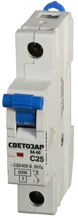 Выключатель автоматический СВЕТОЗАР 1-полюсный, 25 A, &quot;C&quot;, откл. сп. 6 кА, 230 / 400 В SV-49061-25-C купить в Нижневартовске