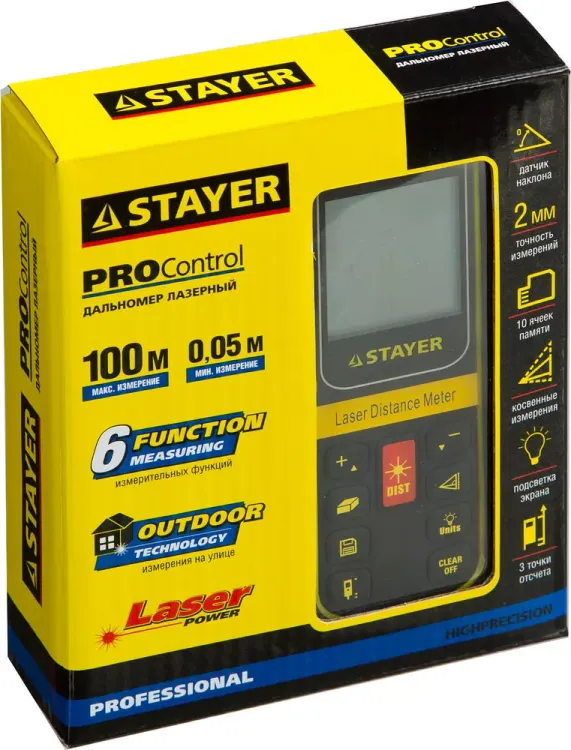 Дальномер PRO-Control лазерный, дальность 100м, точность 2мм, STAYER Professional 34959 34959 купить в Нижневартовске