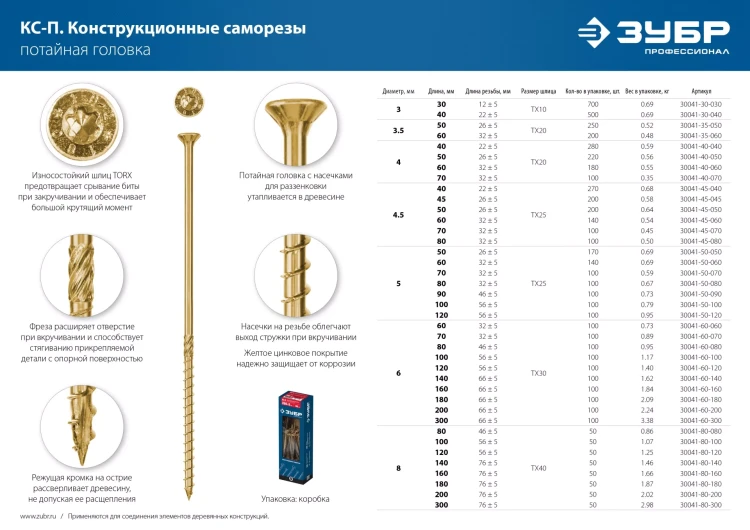 ЗУБР КС-П, 70 х 4.5 мм, TX25, потайная головка, желтый цинк, 100 шт, конструкционный саморез, Профессионал (30041-45-070) купить в Нижневартовске