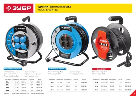 Удлинитель ЗУБР "ПРОФЕССИОНАЛ" на катушке, ПВС 3х1,5кв мм, 4 гнезда, макс мощн 3500Вт, 50м 55082-50 купить в Нижневартовске