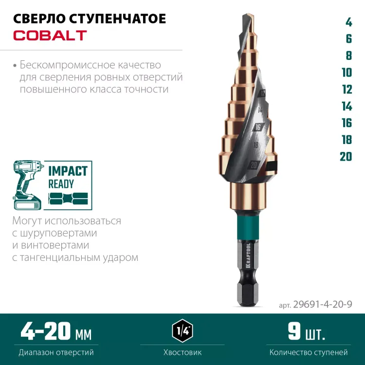 Ступенчатое сверло, сталь c кобальтом, спиральная проточка, НЕХ хвостовик 29691-4-20-9 купить в Нижневартовске
