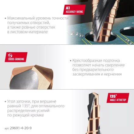 Ступенчатое сверло, сталь c кобальтом, спиральная проточка, НЕХ хвостовик 29691-4-20-9 купить в Нижневартовске