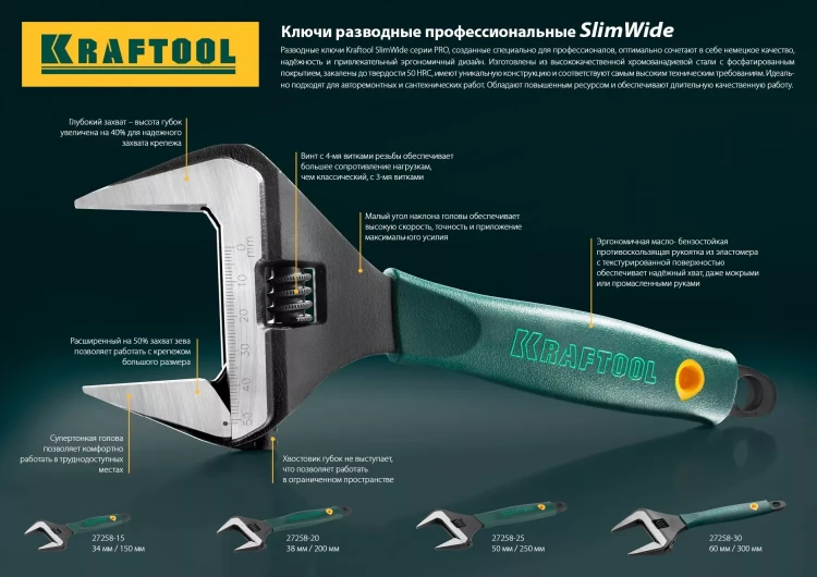 Ключ разводной SlimWide, 200 / 38 мм, KRAFTOOL 27258-20 купить в Нижневартовске