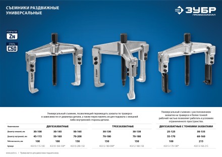 ЗУБР внешний d 50 - 165 мм, внутренний d 70 - 200 мм, раздвижной двухзахватный съемник, Профессионал (43310-200-150) купить в Нижневартовске