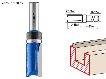 ЗУБР 19 x 38 мм, хвостовик 12 мм, фреза пазовая прямая с верхним подшипником. , Профессионал (28756-19-38-12) купить в Нижневартовске