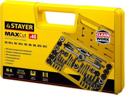 Набор метчиков и плашек STAYER "MASTER", плашки 17шт, метчики 17шт, метчикодерж. 2шт, плашкодерж. 1шт, резьбомер 1шт, отвертка 1шт, 40 предметов 2805-H40_z01 купить в Нижневартовске