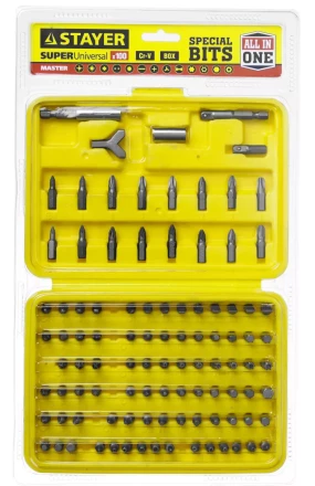 Набор STAYER "MASTER" "SUPER UNIVERSAL": Биты, полный ассортимент стандартных и специальных шлицов, адаптеры, Cr-V, 100 предметов, в боксе 2604-H100 купить в Нижневартовске