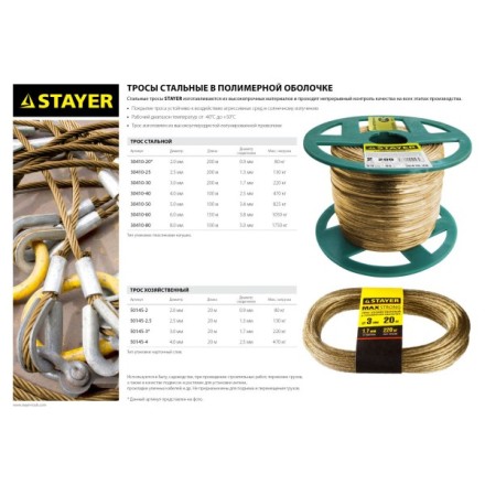 Трос стальной в полимерной оболочке, d=2,0 мм, L=200 м, STAYER Master 30410-20 30410-20 купить в Нижневартовске