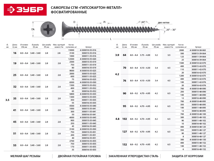 Саморезы фосфатированные с мелкой резьбой, гипсокартон-металл, ЗУБР 300011-42-076, PH2, 4,2 x 76 мм, 100 шт 300011-42-076 купить в Нижневартовске