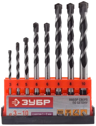 Набор сверл по бетону усиленные ЗУБР 3 шт d 6-8-10 мм трехгранный хвостовик  Профессионал 2916-H3 купить в Нижневартовске