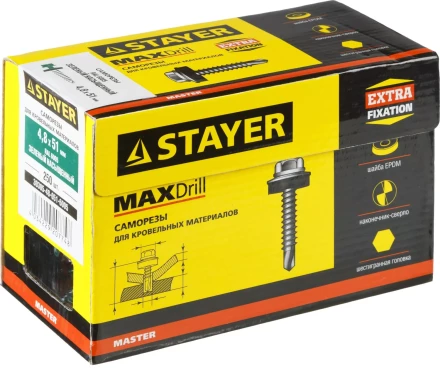 Саморезы СКД кровельные, RAL 6005 зеленый насыщенный, 51 х 4.8 мм, 250 шт, для деревянной обрешетки, STAYER 30305-48-051-6005 купить в Нижневартовске