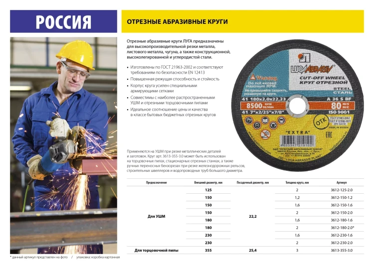 Круг отрезной по металлу, 230x2,0x22,2мм, ЛУГА 3612-230-2.0 купить в Нижневартовске