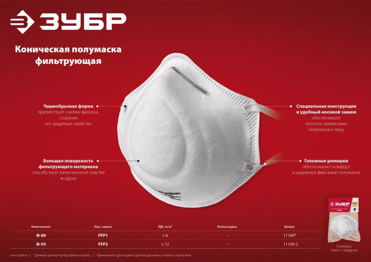 ЗУБР Ф-80, класс защиты FFP1, коническая, фильтрующая полумаска (11169) купить в Нижневартовске