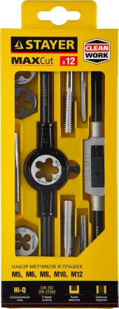 Набор метчиков и плашек STAYER "MASTER", метчикодержатель 1шт, плашкодержатель 1шт, метчики 5шт, плашки 5шт, 12 предметов 28012-H12_z01 купить в Нижневартовске