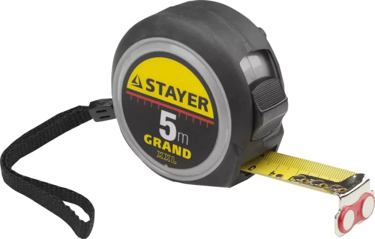Рулетка STAYER GRAND, корпус с противоскользящим напылением, упрочненное полотно, 5м/25мм 552027 купить в Нижневартовске