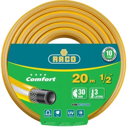 Шланг RACO "COMFORT" поливочный, 30атм., армированный, 3-х слойный, 1/2"х20м 40303-1/2-20 купить в Нижневартовске