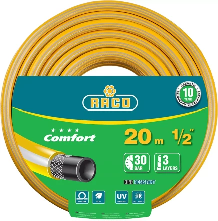 Шланг RACO "COMFORT" поливочный, 30атм., армированный, 3-х слойный, 1/2"х20м 40303-1/2-20 купить в Нижневартовске